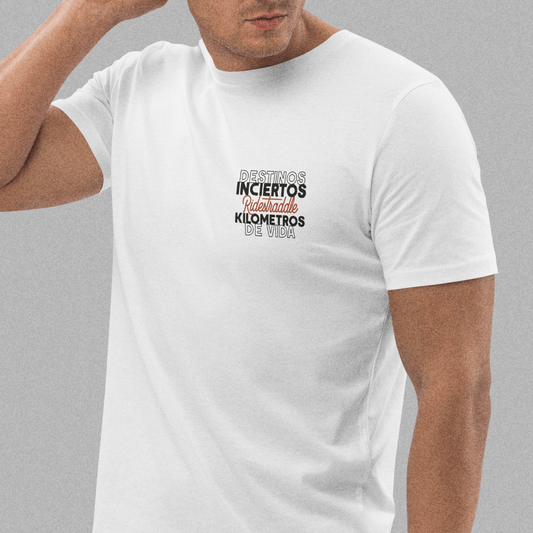 Camiseta motera Destinos Inciertos — diseño vintage en español, algodón orgánico, ropa motera custom Ridestraddle