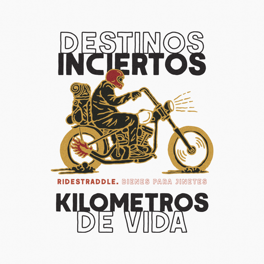 Camiseta motera Destinos Inciertos — diseño vintage en español, algodón orgánico, ropa motera custom Ridestraddle

