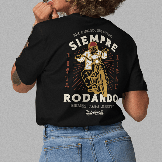 Camiseta motera Siempre Rodando — estilo de vida custom, algodón orgánico, ropa motera Ridestraddle